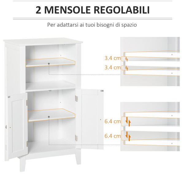 Kleankin Mobile Bagno Multiuso, Mobiletto da Bagno con Mensole Regolabili e Armadietto 2 Ante, in Legno, Bianco, 50x30x93cm|Aosom Italy