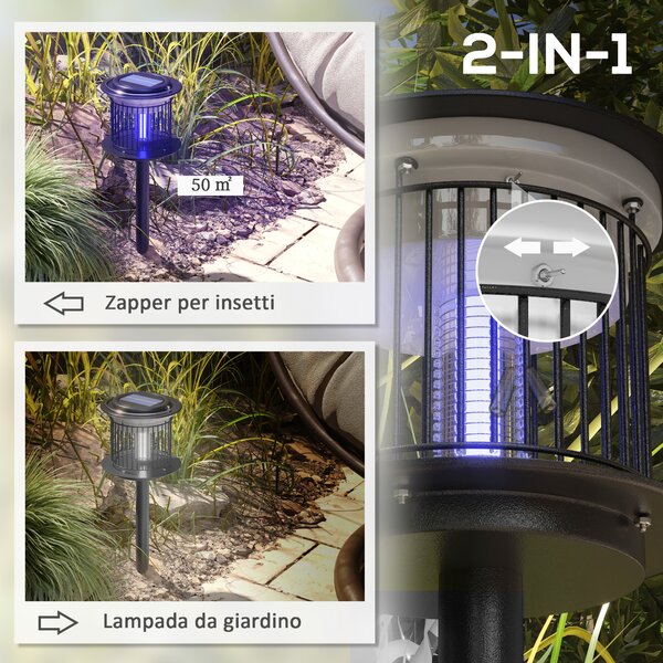 Outsunny Set 2 Lampade Antizanzare da Esterno 2 in 1 con Luce LED e UV, Ricarica Solare e USB, Nero|Aosom