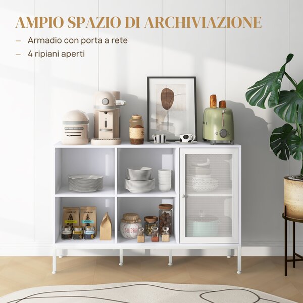 HOMCOM Mobile Buffet con 4 Ripiani Aperti e Armadietto, in Truciolato e Acciaio, 120x37x81.5 cm, Bianco|Aosom
