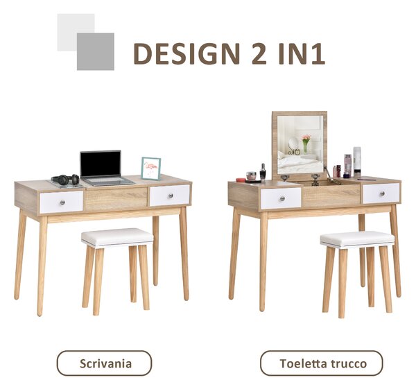 HOMCOM Set da toletta con specchio ribaltato sgabello imbottito 2 cassetti 5 vani di stoccaggio per casa bianco