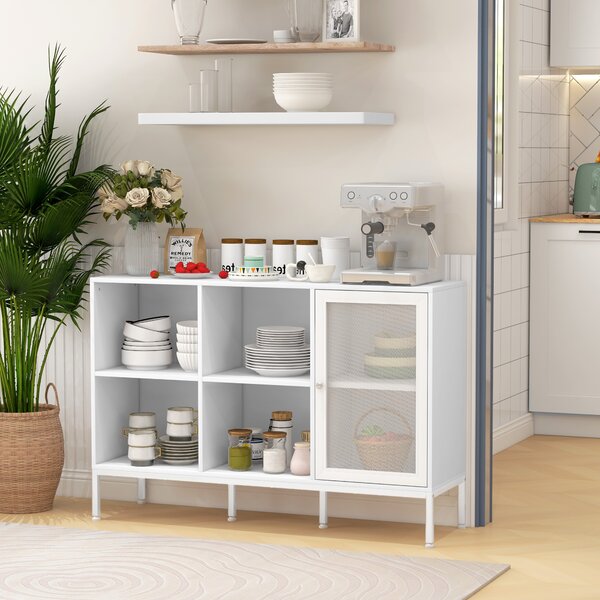 HOMCOM Mobile Buffet con 4 Ripiani Aperti e Armadietto, in Truciolato e Acciaio, 120x37x81.5 cm, Bianco|Aosom