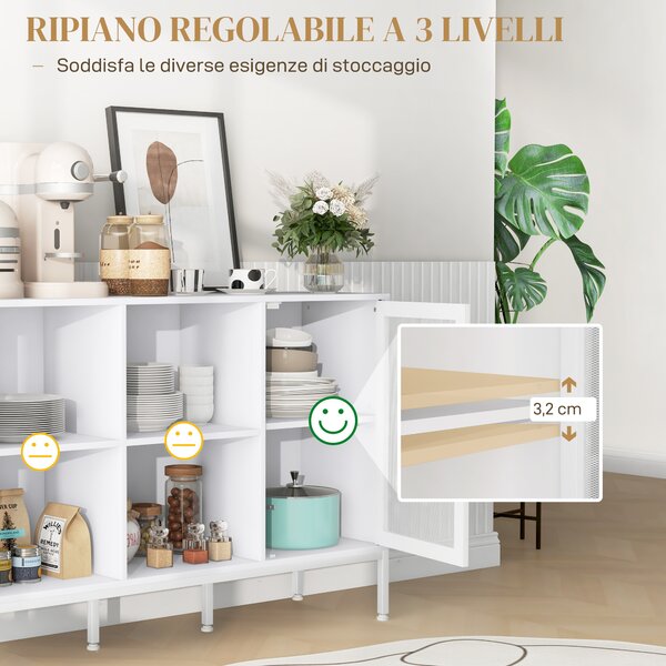 HOMCOM Mobile Buffet con 4 Ripiani Aperti e Armadietto, in Truciolato e Acciaio, 120x37x81.5 cm, Bianco|Aosom