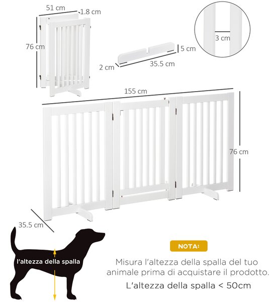 PawHut Cancellino per Cani Pieghevole a 3 Pannelli, Porta Centrale con Blocco, Struttura in MDF, 155x76cm Bianco|Aosom