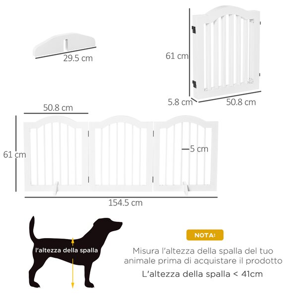 PawHut Cancellino per Cani Pieghevole a 3 Sezioni in Legno, Barriera per Cani con Piedini, 154.5x29.5x61cm, Bianco|Aosom