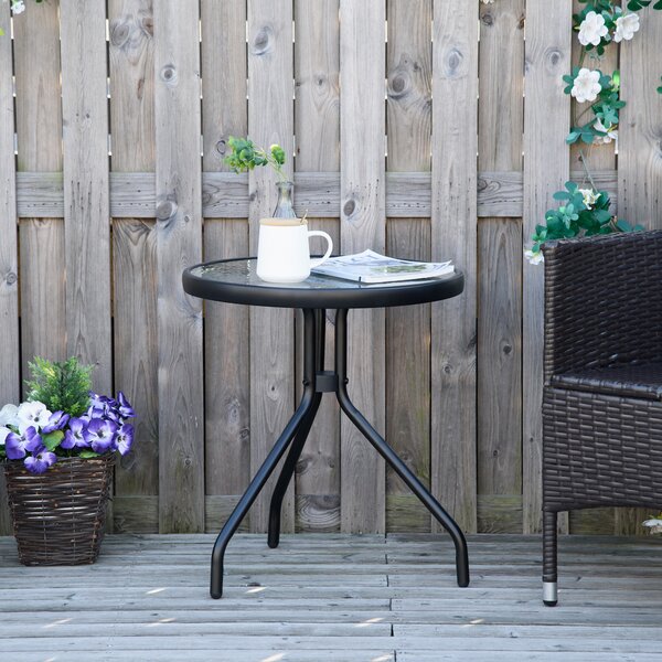 Outsunny Tavolino da Giardino Rotondo con Ripiano in Vetro, Tavolino da Caffè per Interni ed Esterni, Φ50x55cm, Nero|Aosom
