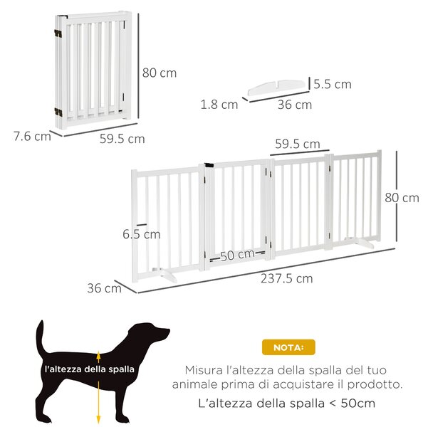 PawHut Cancellino Pieghevole per Cani Piccola/Media Taglia con Serratura in Legno 237.5x36x80cm - Bianco|Aosom