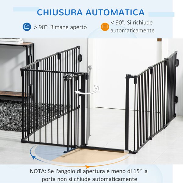 PawHut Cancelletto di Sicurezza Pieghevole 8 Sezioni, Cancellino Barriera per Cani in Acciaio, Sistema di Blocco e Chiusura Automatica, Nero|Aosom