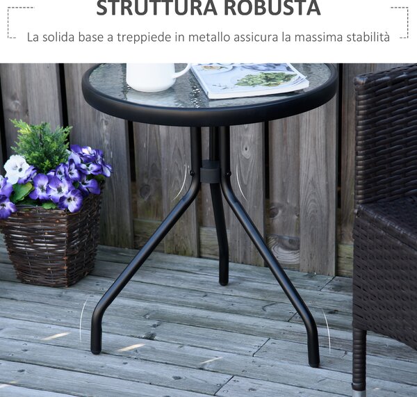 Outsunny Tavolino da Giardino Rotondo con Ripiano in Vetro, Tavolino da Caffè per Interni ed Esterni, Φ50x55cm, Nero|Aosom