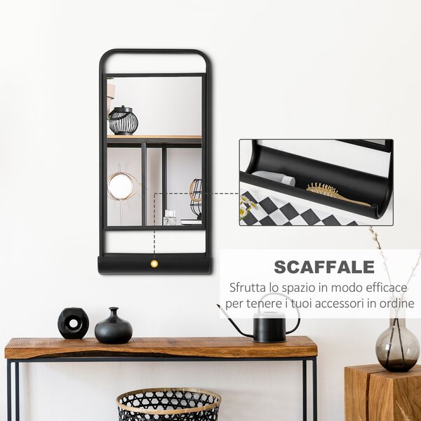 HOMCOM Specchio da Parete con Mensola Inferiore e Struttura in Metallo, 36.2x12x71.7cm, Nero|Aosom