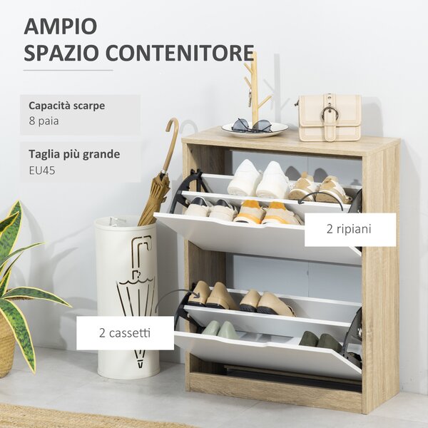 HOMCOM Mobile Scarpiera Salvaspazio Slim a 2 Cassetti per 8 Paia di Scarpe 62.5x26x81 cm, Legno e Bianco| Aosom Italy