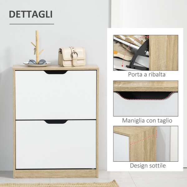 HOMCOM Mobile Scarpiera Salvaspazio Slim a 2 Cassetti per 8 Paia di Scarpe 62.5x26x81 cm, Legno e Bianco| Aosom Italy