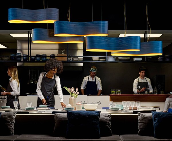 LZF LAMPS Lampada a sospensione New Wave, dimmerabile, Blu, Soggiorno / Sala da pranzo, Legno, Design, Lampada a sospensione