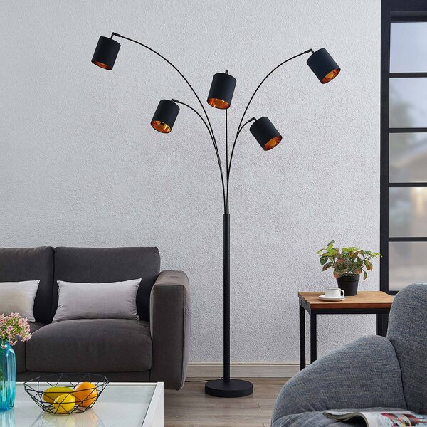 Lindby lampada da terra Abiram, nero/oro, tessuto, 70 cm Abiram, Nero, Soggiorno / Sala da pranzo, Metallo, Moderno, Lampada da terra