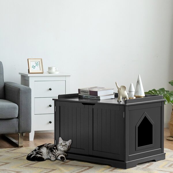 Costway Casetta privata per gatti con struttura in legno resistente, Casa multifunzionale con foro per gatti Nero