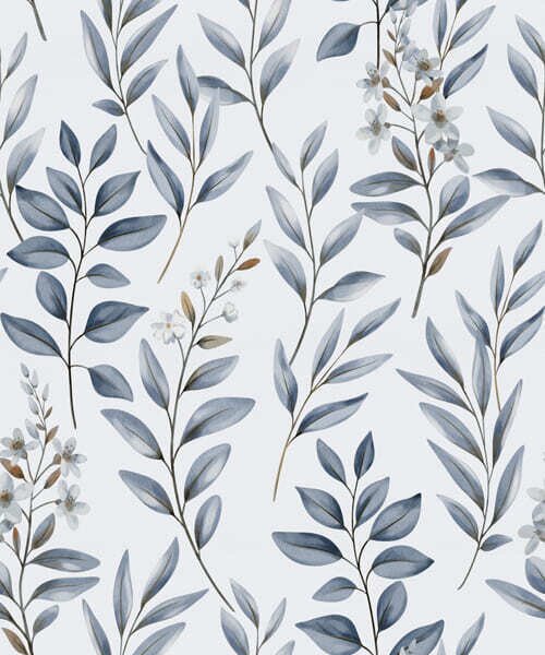 Carta da parati Fogliame blu e piccoli fiori su sfondo bianco, Parati fiori e piante classici, a01231 : Uwalls.it
