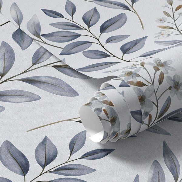 Carta da parati Fogliame blu e piccoli fiori su sfondo bianco, Parati fiori e piante classici, a01231 : Uwalls.it