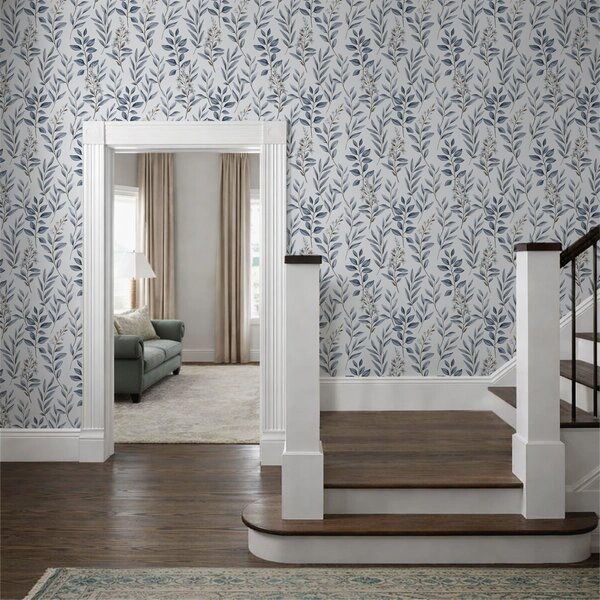 Carta da parati Fogliame blu e piccoli fiori su sfondo bianco, Parati fiori e piante classici, a01231 : Uwalls.it