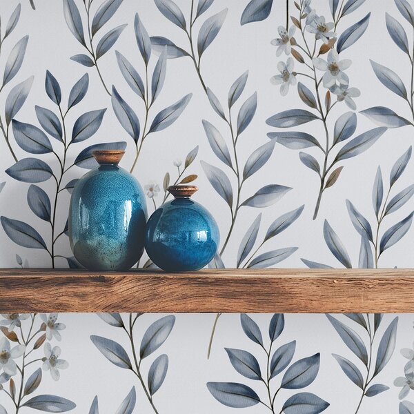 Carta da parati Fogliame blu e piccoli fiori su sfondo bianco, Parati fiori e piante classici, a01231 : Uwalls.it