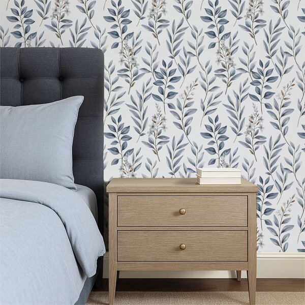 Carta da parati Fogliame blu e piccoli fiori su sfondo bianco, Parati fiori e piante classici, a01231 : Uwalls.it