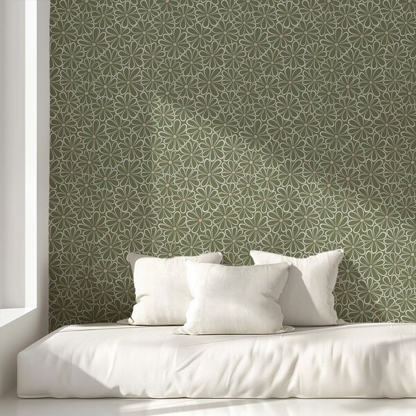 Carta da parati Grandi fiori contornati su sfondo verde, Parati fiori e piante classici, a01234 : Uwalls.it
