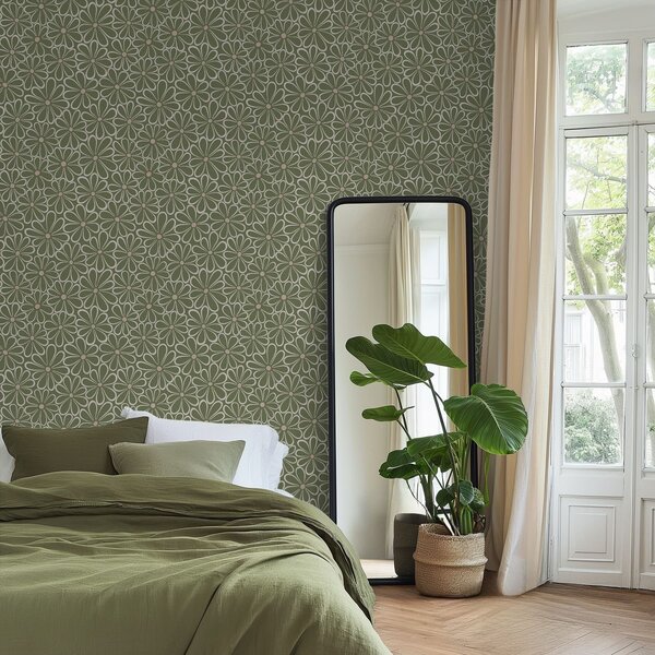 Carta da parati Grandi fiori contornati su sfondo verde, Parati fiori e piante classici, a01234 : Uwalls.it