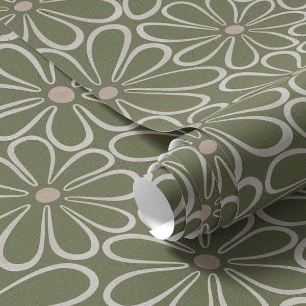 Carta da parati Grandi fiori contornati su sfondo verde, Parati fiori e piante classici, a01234 : Uwalls.it