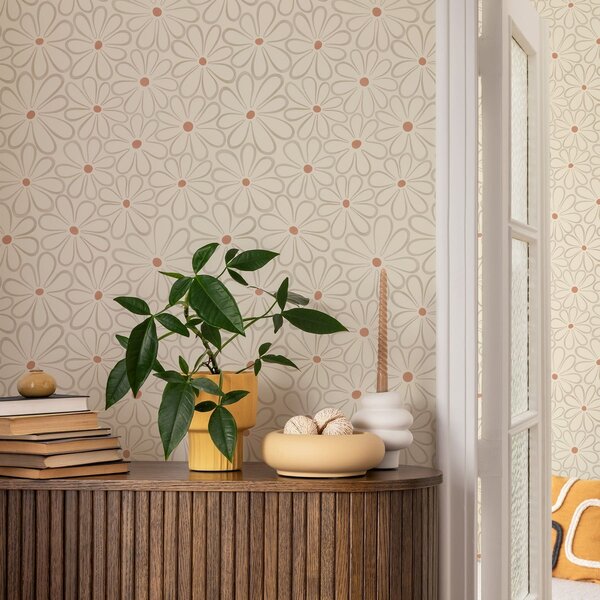 Carta da parati Grandi fiori dai contorni ben definiti su uno sfondo color crema chiaro, Parati fiori e piante classici, a01234v1 : Uwalls.it