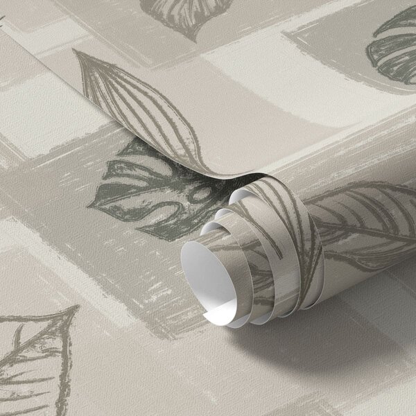 Carta da parati Contorni di foglie tropicali con blocchi geometrici, Parati fiori e piante classici, a01239 : Uwalls.it