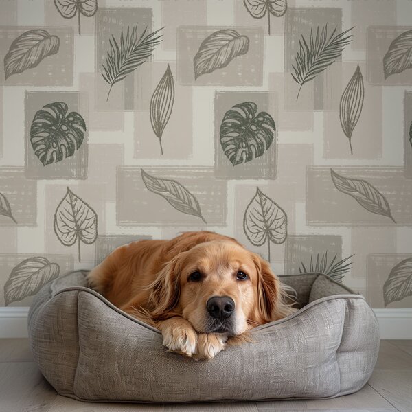 Carta da parati Contorni di foglie tropicali con blocchi geometrici, Parati fiori e piante classici, a01239 : Uwalls.it