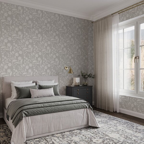 Carta da parati Fiori bianchi e rampicanti su uno sfondo grigio chiaro, Parati fiori e piante classici, a01242v2 : Uwalls.it