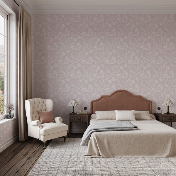 Carta da parati Fiori bianchi e rampicanti su uno sfondo rosa tenue, Parati fiori e piante classici, a01242v1 : Uwalls.it