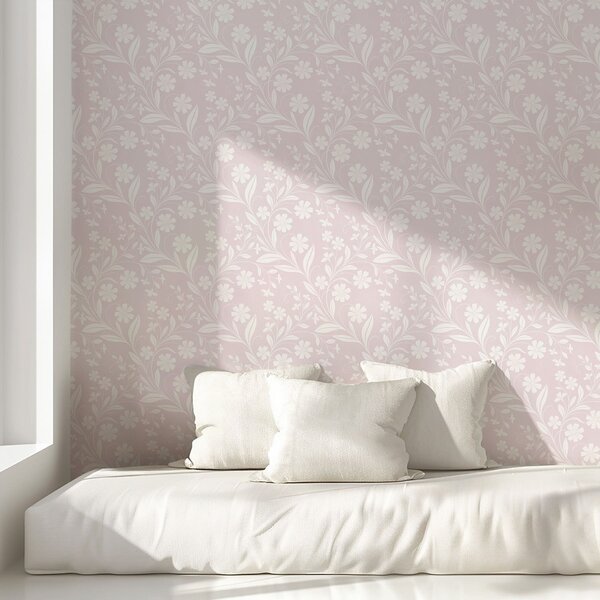 Carta da parati Fiori bianchi e rampicanti su uno sfondo rosa tenue, Parati fiori e piante classici, a01242v1 : Uwalls.it