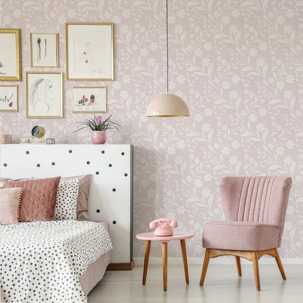 Carta da parati Fiori bianchi e rampicanti su uno sfondo rosa tenue, Parati fiori e piante classici, a01242v1 : Uwalls.it