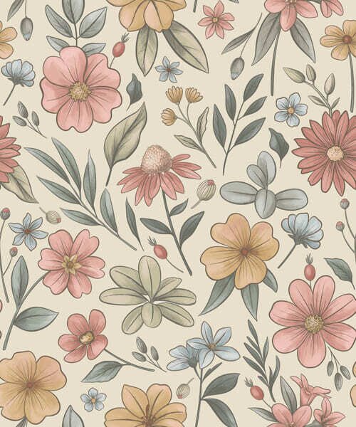 Carta da parati Fiori selvatici e fogliame dai toni pastello, Parati fiori e piante classici, a01243 : Uwalls.it
