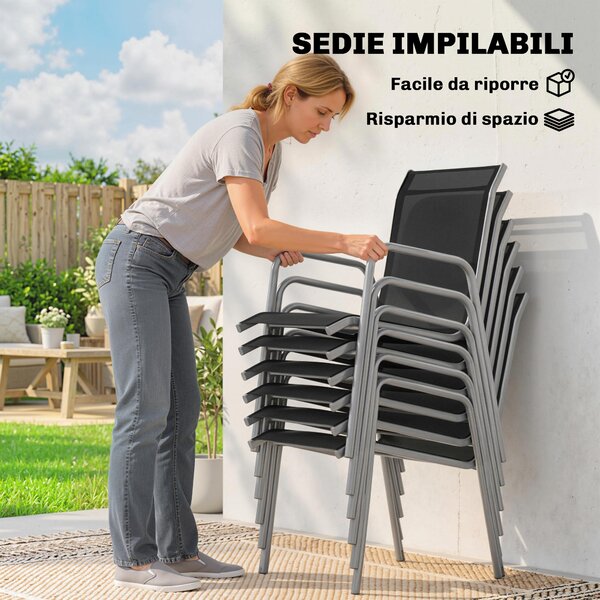 Outsunny Set tavolo e sedie da giardino da 7 pezzi con 6 Sedie Impilabili e Tavolino da Caffèm, Nero e Argento | Aosom Italy
