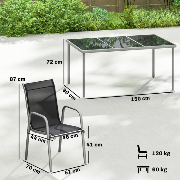 Outsunny Set tavolo e sedie da giardino da 7 pezzi con 6 Sedie Impilabili e Tavolino da Caffèm, Nero e Argento | Aosom Italy