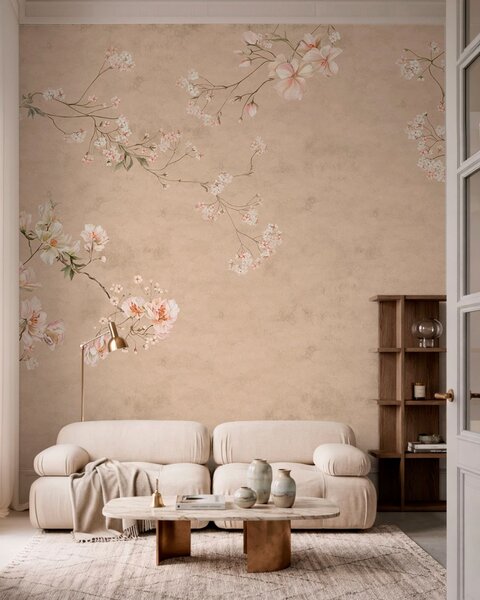 Carta da parati Rami floreali in stile chinoiserie su uno sfondo beige caldo, Carta da parati Vintage, w05427v2 : Uwalls.it