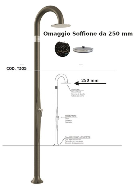 Doccia da Giardino Piscina in Resina FUNNY YIN RUBY Dimensioni 232x30x17 cm - peso 9,5 kg con Soffione 250 mm e Miscelatore Caldo-Freddo