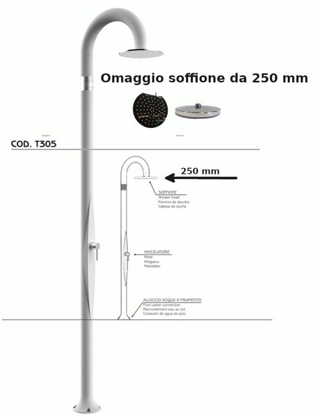 Doccia da Giardino Piscina in Resina FUNNY YIN RUBY Dimensioni 232x30x17 cm - peso 9,5 kg con Soffione 250 mm e Miscelatore Caldo-Freddo