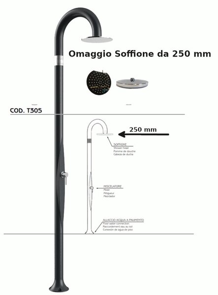 Doccia da Giardino Piscina in Resina FUNNY YIN RUBY Dimensioni 232x30x17 cm - peso 9,5 kg con Soffione 250 mm e Miscelatore Caldo-Freddo