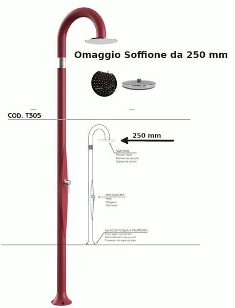 Doccia da Giardino Piscina in Resina FUNNY YIN RUBY Dimensioni 232x30x17 cm - peso 9,5 kg con Soffione 250 mm e Miscelatore Caldo-Freddo