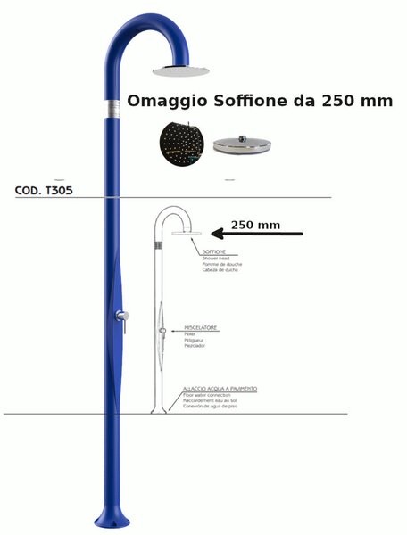 Doccia da Giardino Piscina in Resina FUNNY YIN RUBY Dimensioni 232x30x17 cm - peso 9,5 kg con Soffione 250 mm e Miscelatore Caldo-Freddo