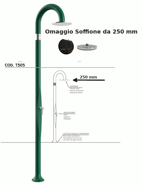 Doccia da Giardino Piscina in Resina FUNNY YIN RUBY Dimensioni 232x30x17 cm - peso 9,5 kg con Soffione 250 mm e Miscelatore Caldo-Freddo