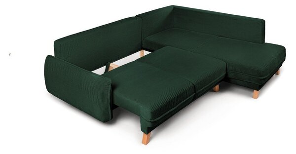 Divano angolare verde scuro allungabile/con contenitore (con penisola a destra/a L) con rivestimento in velluto a coste Tori – Bonami Selection