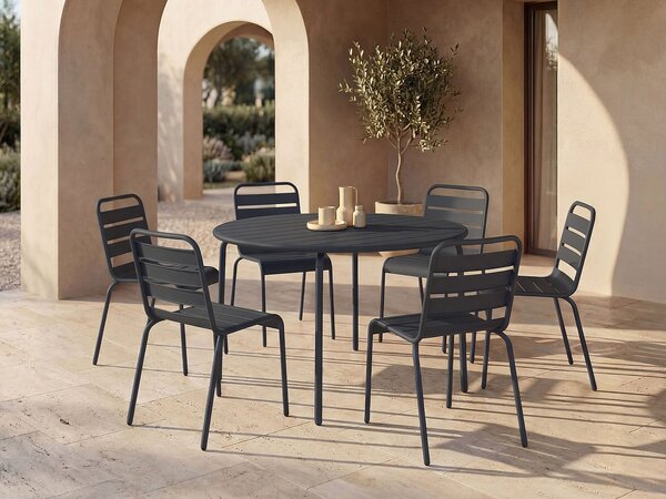 Sala da pranzo da giardino in metallo - un tavolo rotondo D.130cm e 6 sedie impilabili - Grigio scuro - MIRMANDE di MYLIA