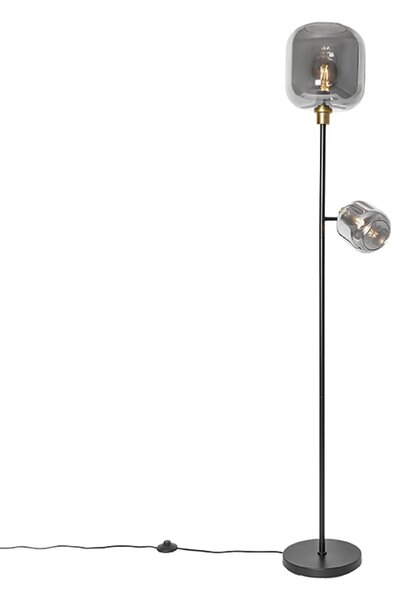Lampada da terra nera con oro e vetro fumé 2 luci - Zuzanna