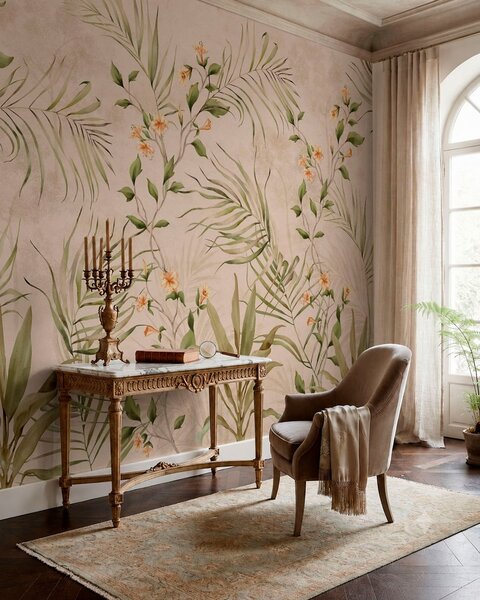 Carta da parati Foglie tropicali e fiori delicati su sfondo beige, Carta da parati Buffer, w05625 : Uwalls.it