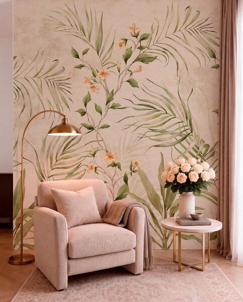 Carta da parati Foglie tropicali e fiori delicati su sfondo beige, Carta da parati Buffer, w05625 : Uwalls.it