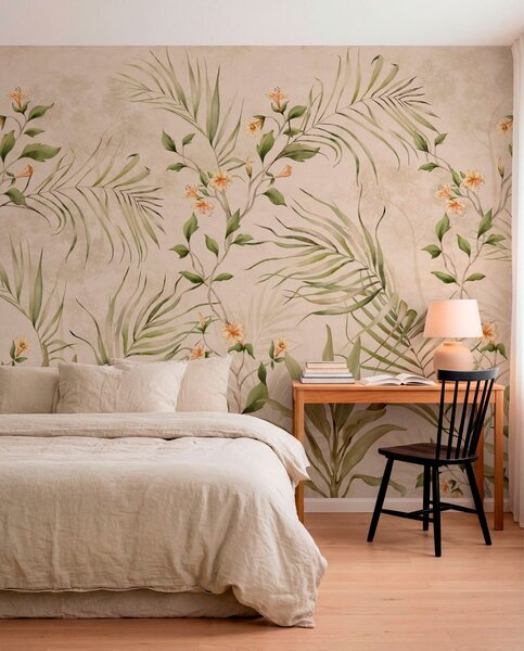 Carta da parati Foglie tropicali e fiori delicati su sfondo beige, Carta da parati Buffer, w05625 : Uwalls.it