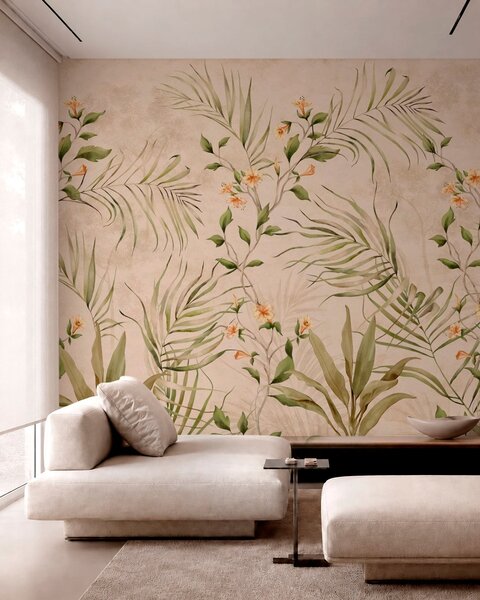 Carta da parati Foglie tropicali e fiori delicati su sfondo beige, Carta da parati Buffer, w05625 : Uwalls.it